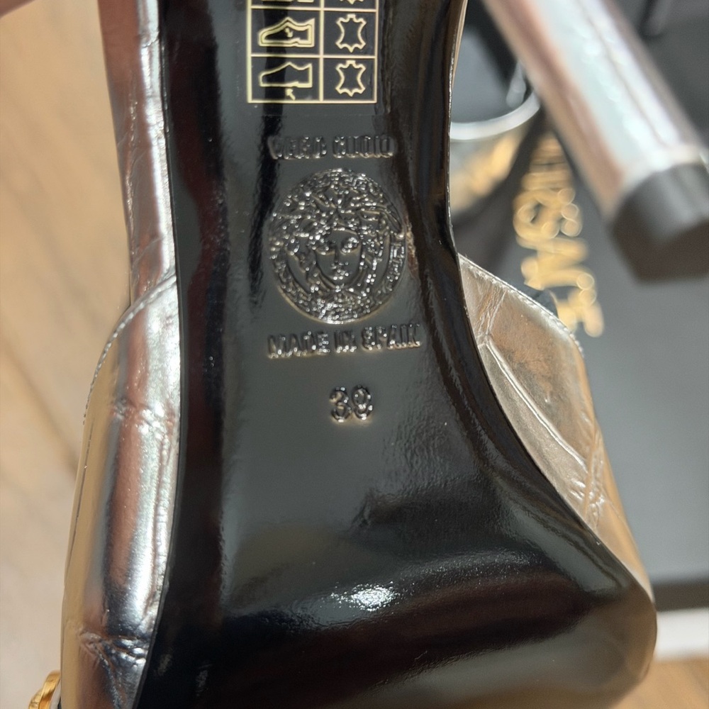Versace Silver Metallic Leather High Heel Mules with Gold Medallions - Picture 2 of 13